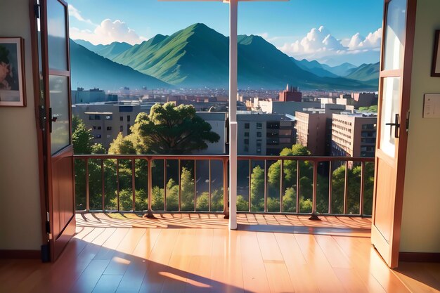 A view of a city from a balcony with a view of mountains and a mountain.