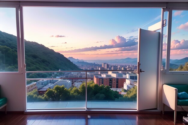 A view of a city from a balcony with a white door open.