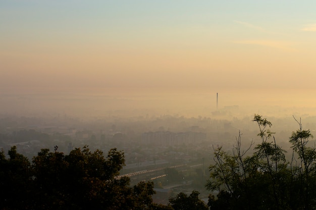 View of the city from high in the morning in the fog