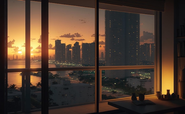 A view of a city from a window with a sunset in the background