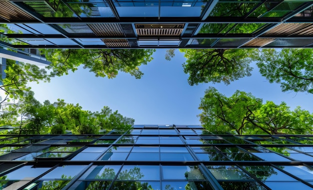 A view of a city from above with a clear blue sky and trees The trees are reflected in the windows of the buildings creating a sense of depth and perspective