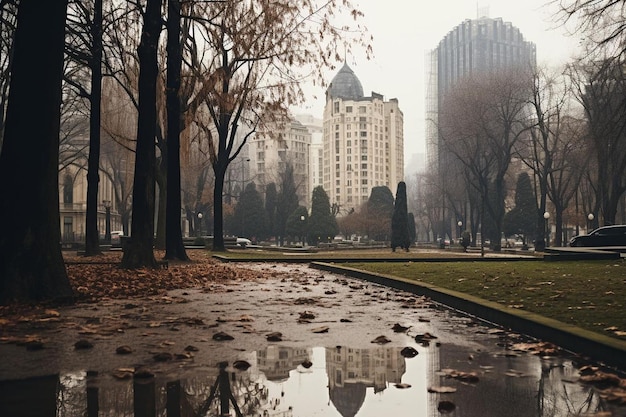 Photo a view of a city park with tall trees and a