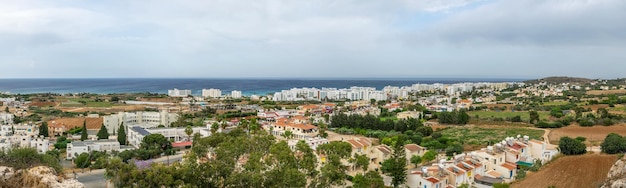 View of the city of Protaras from the top of the mountain. Church of the Prophet Elijah.