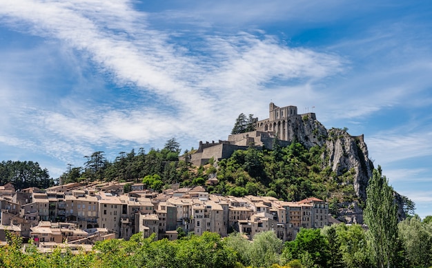 View of the city of Sisteron in France, with the fort on top of the hill.