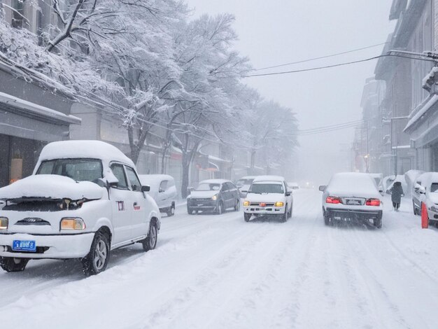 View of city street covered with snow in winter