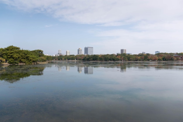 View of city town skyline over the pond lake natural view under daytime in japan big city with natural lake public