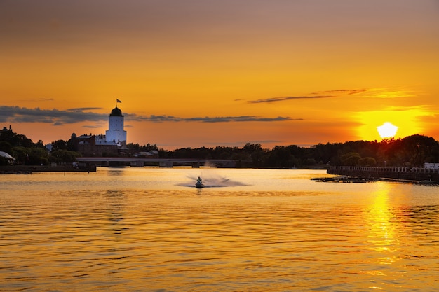 View of city of Vyborg at sunset, Vyborg Castle, Leningrad Region, Russia