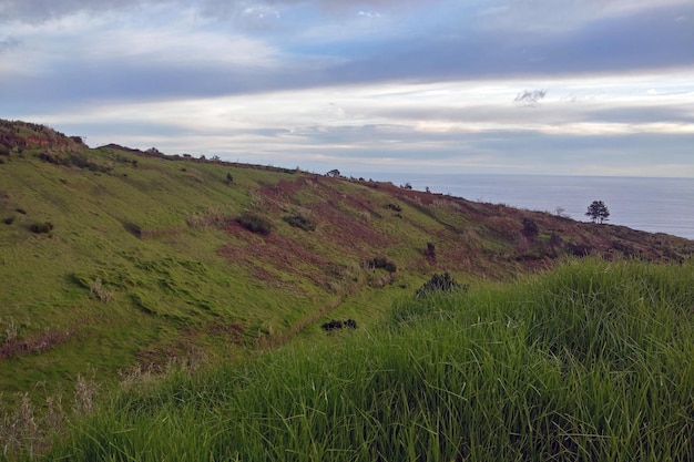 View of the cliff of the island and the ocean during the dawn of the sun