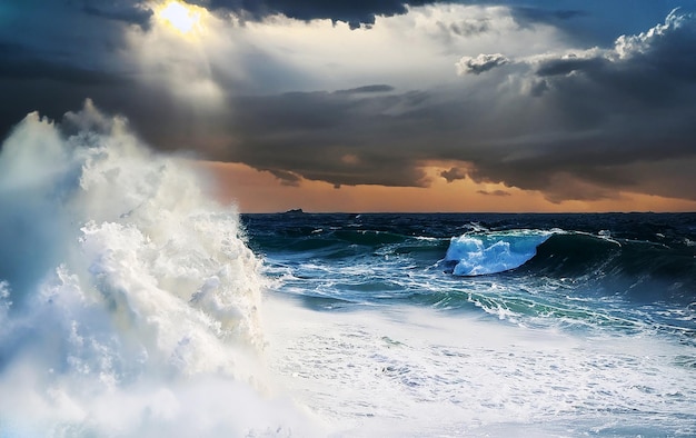 View of close up power of nature in motion as magnificent waves of the stormy ocean surge and crash