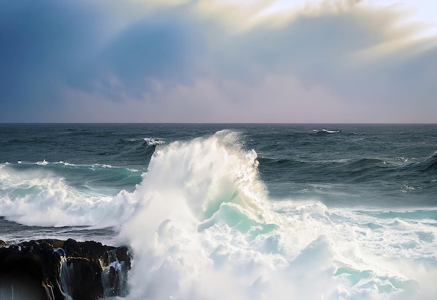 View of close up power of nature in motion as magnificent waves of the stormy ocean surge and crash