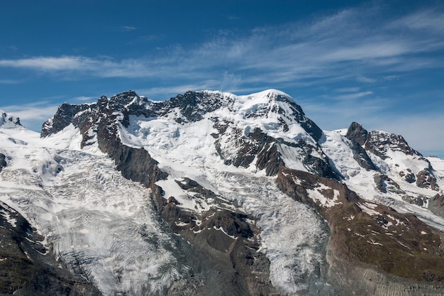 View closeup mountains scenes in national park Zermatt, Switzerland, Europe. Summer landscape, sunshine weather, dramatic blue sky and sunny day