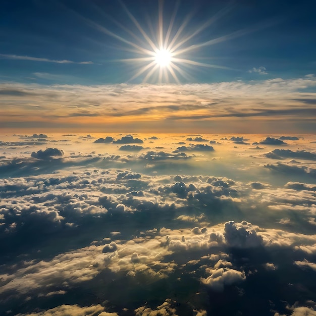 view of clouds from an airplane with the sun shining through the clouds