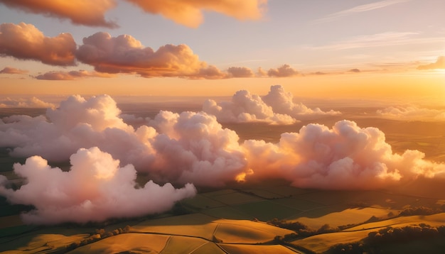 a view of clouds from the sky with the sun setting behind them