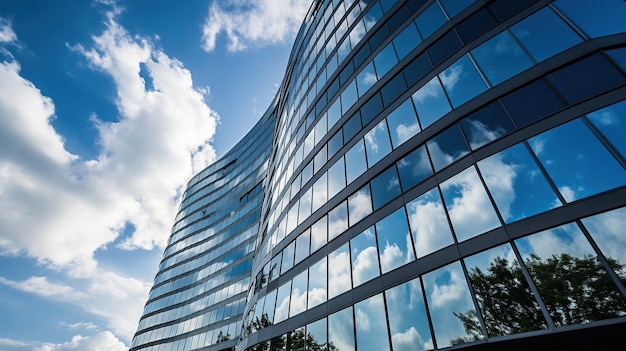 View of the clouds reflected in the curve glass office building