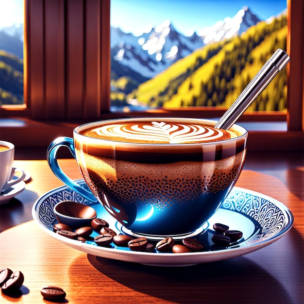 View of coffee cup with coffee beans and abstract Splash coffee inside cup