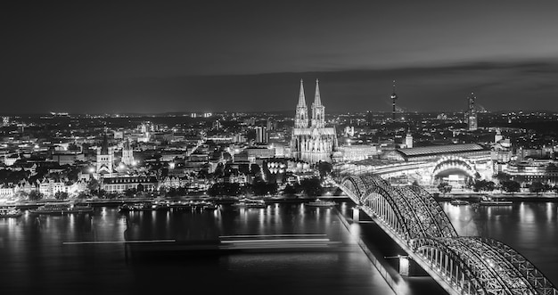 A view of cologne at night in black and white colors. Taken outside with a 5D mark III.