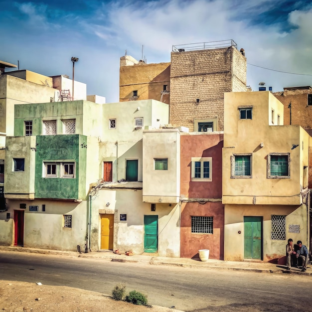 Photo a view of colorful arab houses along a street in a traditional neighborhood generative ai