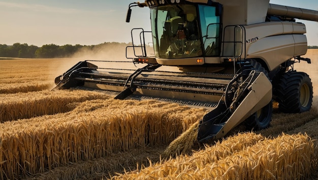 Photo view of a combine harvesting wheat in a field harvesting