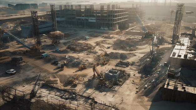 A view of a construction site with a large building in the background.