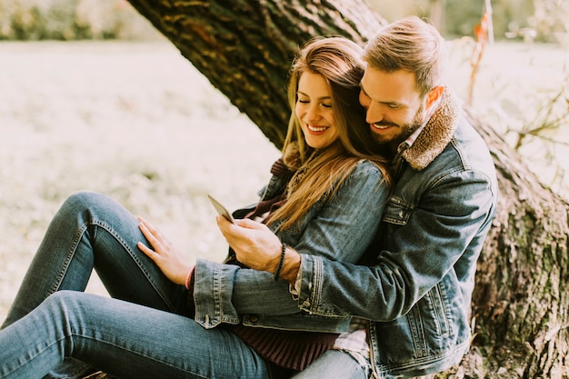 View at couple in love sitting on a tree in autumn park and using mobile phone