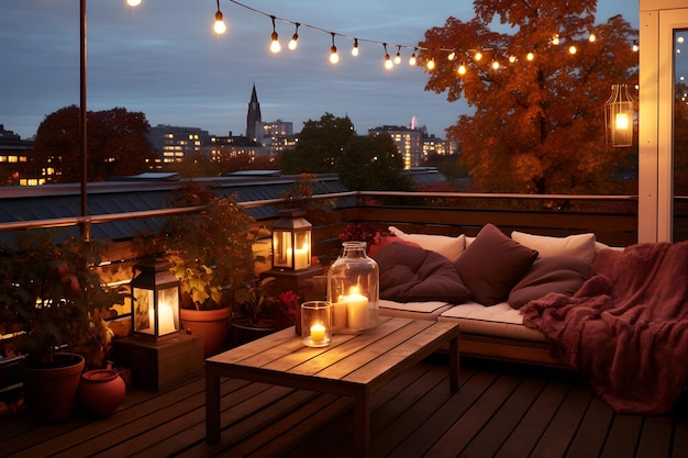 View over cozy outdoor terrace with outdoor string lights Autumn evening on the roof terrace of a b