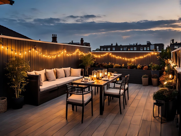 View over a cozy outdoor terrace with outdoor string lights Autumn evening on the roof terrace