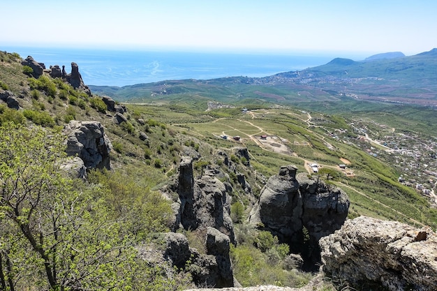 View of the Crimean Mountains plateau and the Black Sea from the top of the Demerdzhi Russia