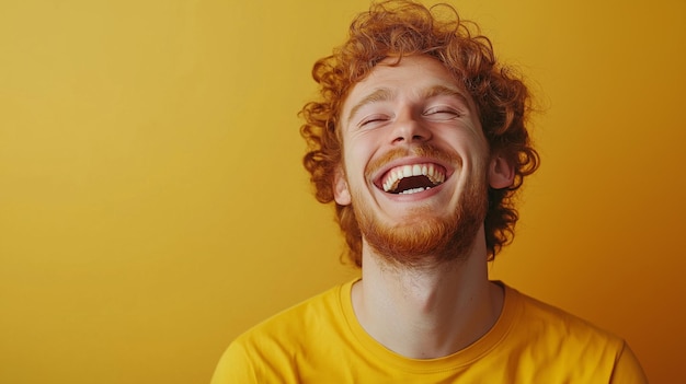 Photo view of a curlyhaired caucasian man in a mustardcolored tshirt bursting into laughter as he reacts to a hilarious story within