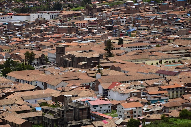 View on the Cusco historic capital of Inca Empire Town located near the Urubamba Valley of the Andes mountain range