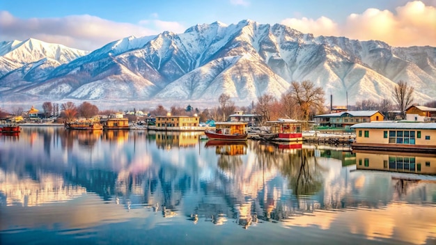 Photo a view of dal lake in winter and the beautiful mountain range in the background in the city of srinagar kashmir india