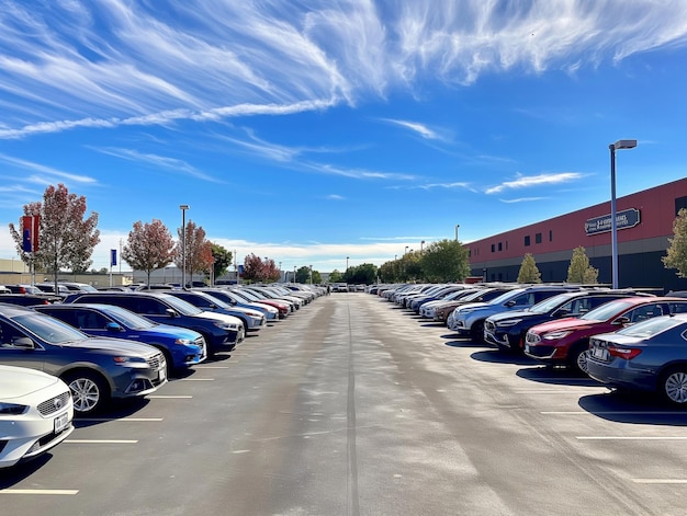 view of the dealership terminal parking lot with a rows of new cars