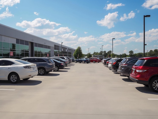 view of the dealership terminal parking lot with a rows of new cars