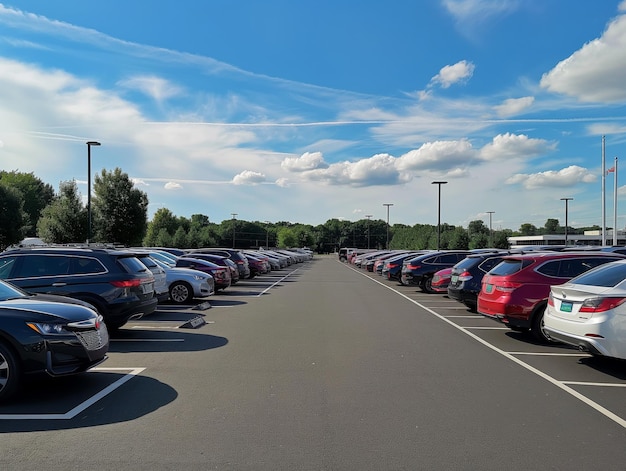 view of the dealership terminal parking lot with a rows of new cars