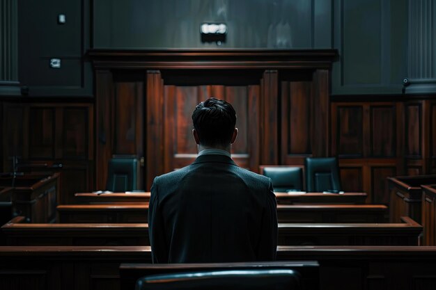 Photo view of defendant from behind in courtroom setting