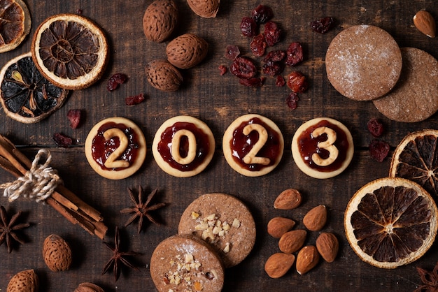 Above view delicious cookies for new year arrangement