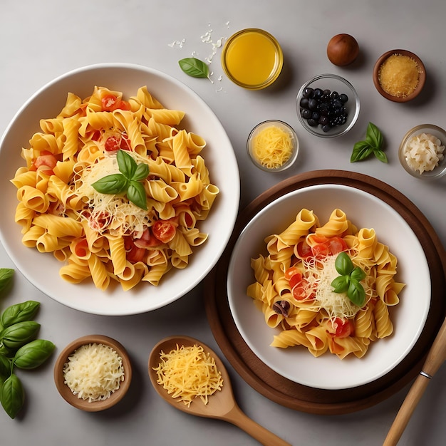 Photo view of delicious fresh attractive colorful plate of pasta with tomato sauce and cheese and cooking tools on the table