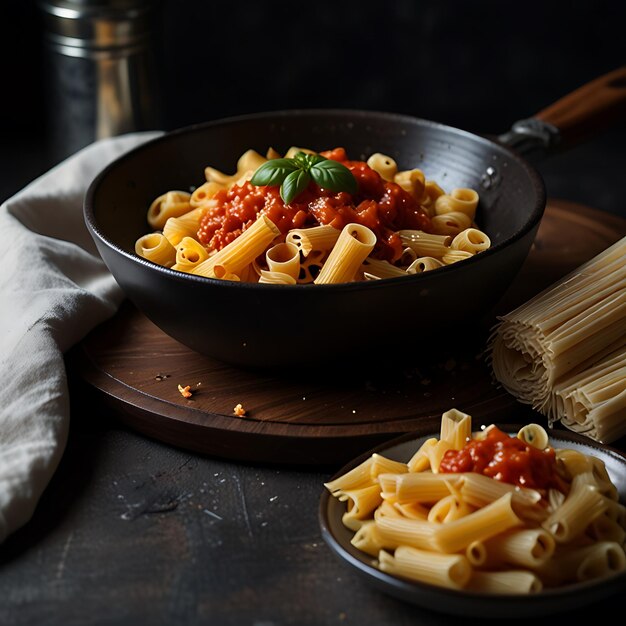 Photo view of delicious fresh attractive colorful plate of pasta with tomato sauce and cheese and cooking tools on the table