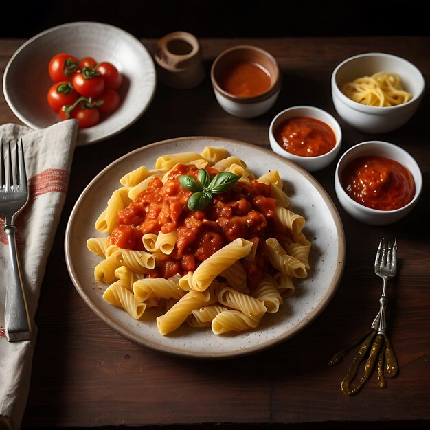 Photo view of delicious fresh attractive colorful plate of pasta with tomato sauce and cheese and cooking tools on the table