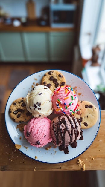 Photo above view delicious ice cream and cookies