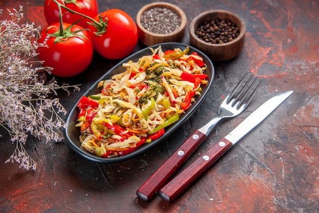 above view delicious pepper salad with red tomatoes dark brown background lunch sandwich food meal bread burger health diet