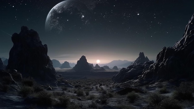 a view of a desert area with a moon and a distant sky generative ai