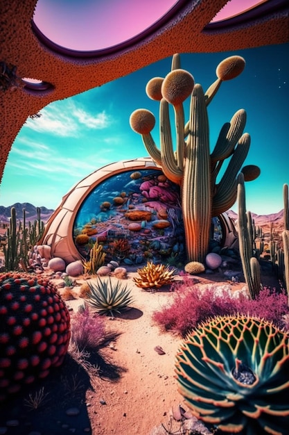 A view of desert scene with cactus plants generative ai