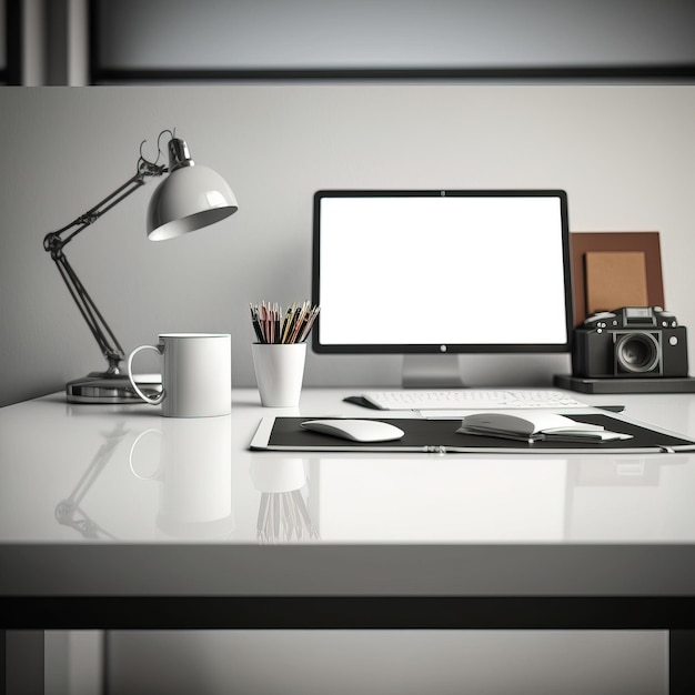 view of a desk with accessories minimalist workplace generative AI