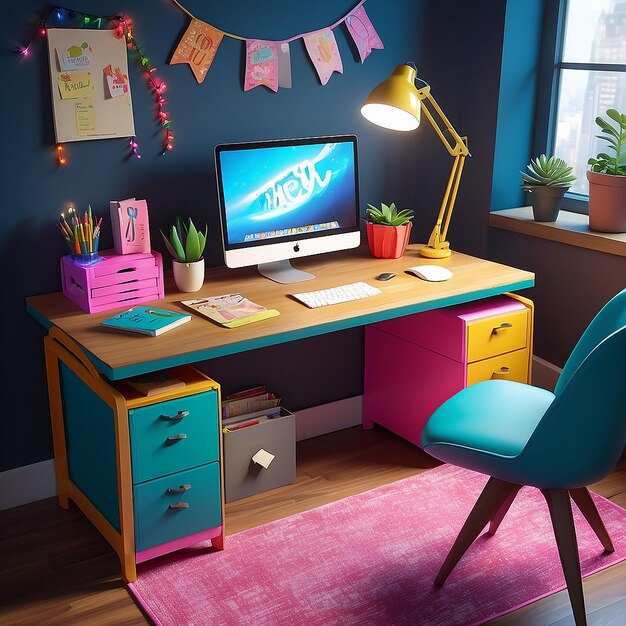 Photo view of desk with computer and decorations