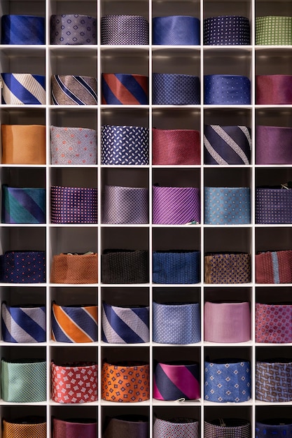 View of different colors ties in showcase