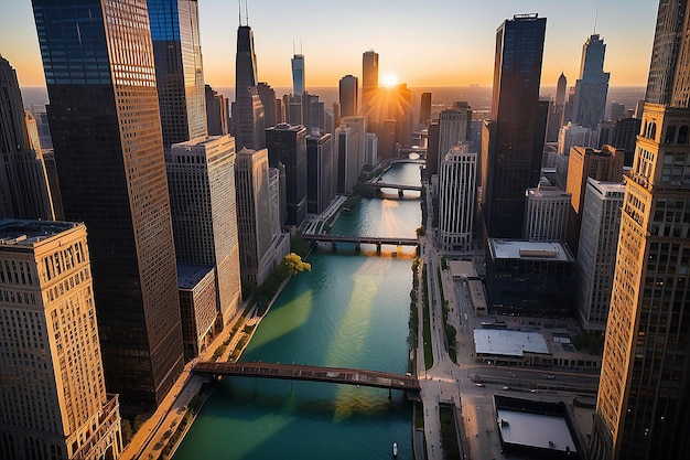 Photo view down the chicago river from above at sunset