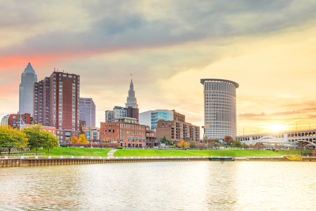 View of downtown Cleveland skyline in Ohio USA at sunset