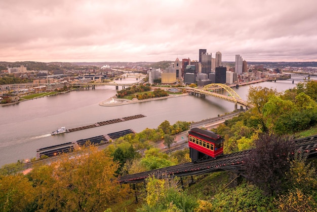 View of downtown Pittsburgh from top of the Duquesne Incline Mount Washington in Pittsburgh Pennsylvania USA