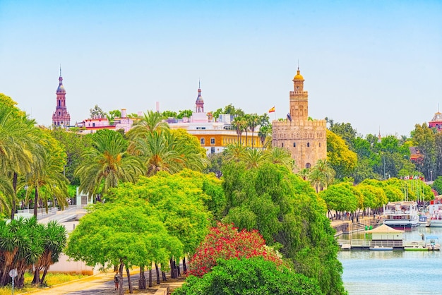 View on downtown of Seville and Guadalquivir River Promenade. Spain.