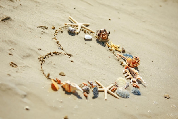 View of drawn love heart symbol on sand beach